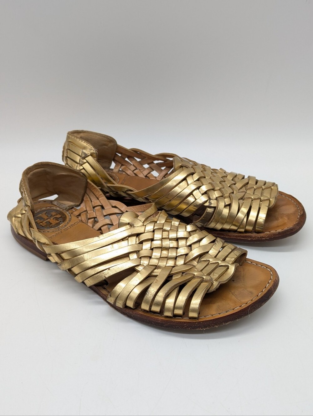 Tory Burch Gold Woven Leather Huaraches Slip On Sandal 6